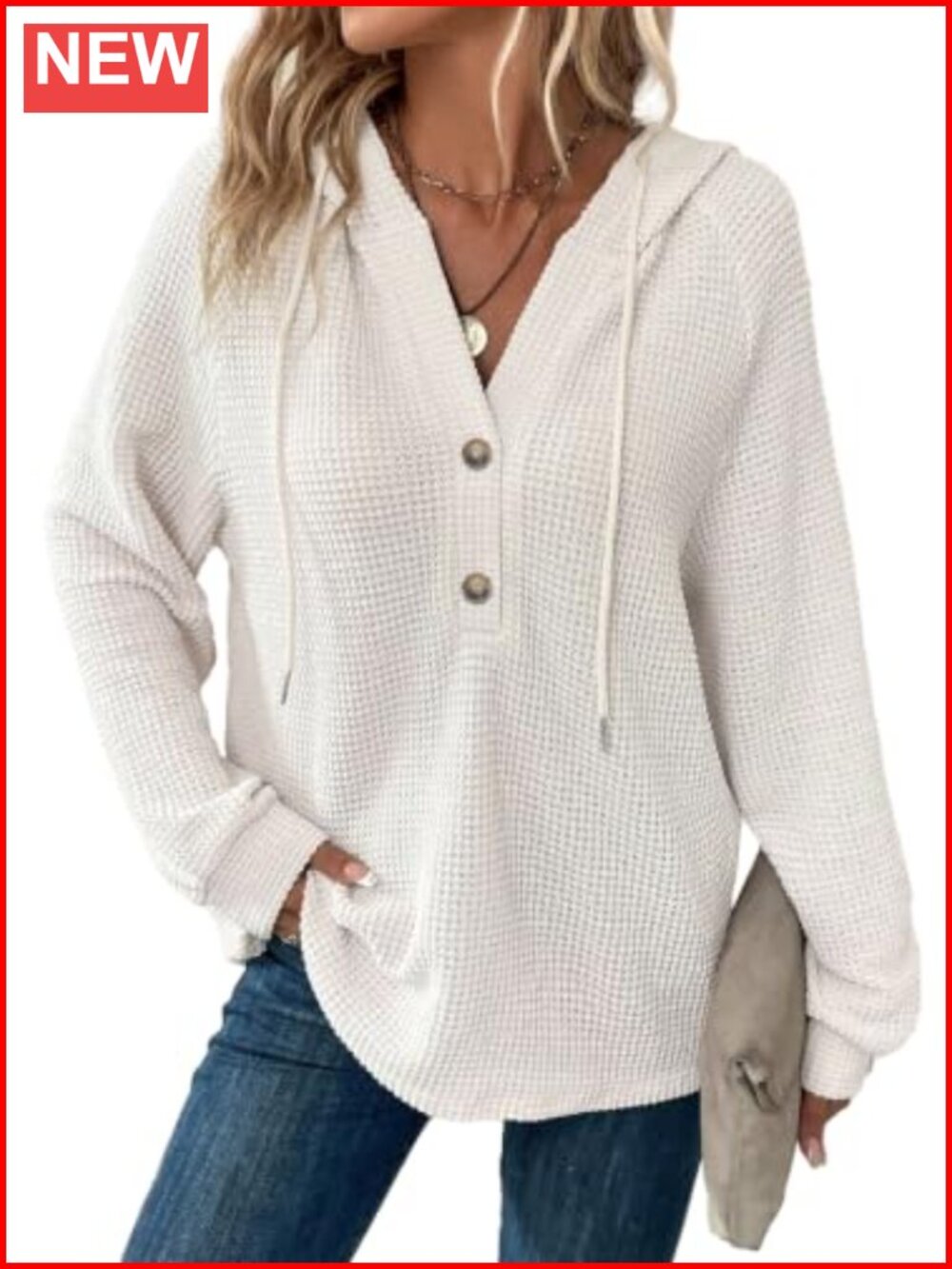 Waffle Knit Hoodie Button V Neck Sweatshirt Oversized Pullover